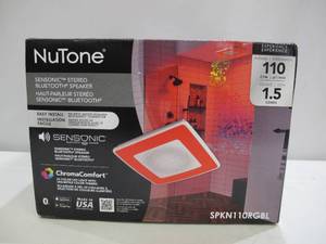 lot 421 image: NuTone ChromaComfort 110 CFM Ceiling Bathroom Exhaust Fan with Stereo Bluetooth Speaker - Model SPKN110RGBL