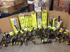 lot 15 image: Lot of Assorted Ridgid Lawn Care Items Various Conditions and Models Customer Returns See Pictures
