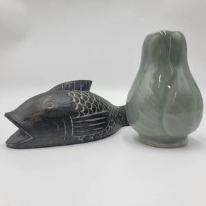 lot 78 image: Vintage Hand-Carved Wooden Fish and Celadon Ceramic Vase