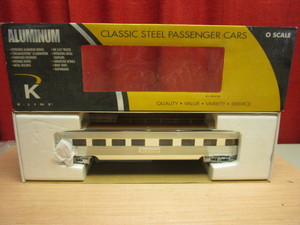 lot 529 image: K-LINE CLASSIC STEEL PASSENGER CARS MOUNTAIN-AIR ALUMINUM 18 BUSINESS CAR, O SCALE - NEW, W BOX