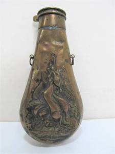 Antique Brass Gunpowder Flask Hunting Design