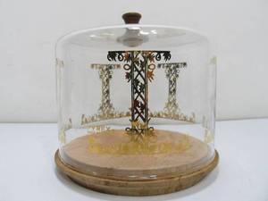 Vintage Pyrex Cheese Cake Glass Dome Wood Base Gold Pattern Design Display 5