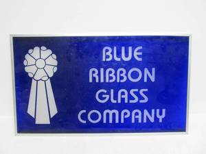 Cobalt Blue Etched Glass Advertising Sign for The Blue Ribbon Glass Company