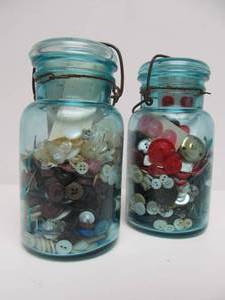 2 Old Blue Ball Jars wVintage Buttons