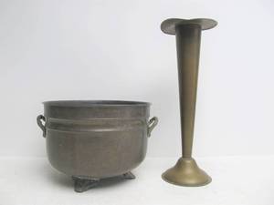 Vintage Brass Flower Vase &amp Footed Copper Bucket