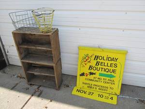 Primitive Antique Advertising Soap Crate Shelf Wire Baskets &amp Hanging Wooden Sign