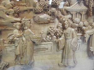 Large Vintage Deep Relief Carved Wood Oriental Wall Hanging