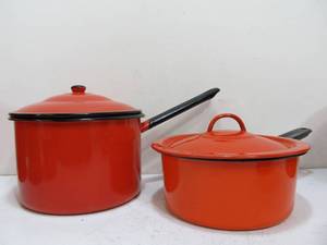 Large Group of Vintage Red Enamelware