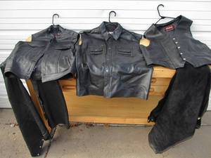 3 Genuine Leather Motorcycle Vests &amp 2 Sets of Chaps