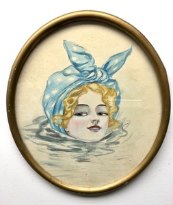 Orig 1930s Era Pinup Style Oval Portrait Painting
