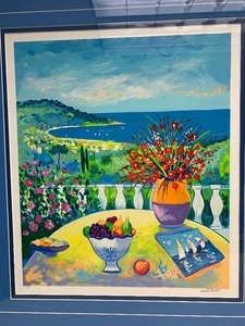 lot 73 image: Framed Signed Numbered Jean-Claude Picot Printers Proof Serigraph - La Terrasse Sur La Baie