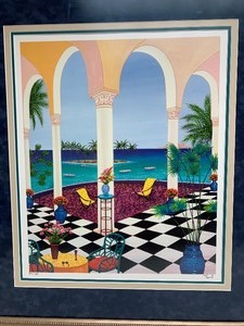 lot 64 image: Framed Hand Signed FANCH (Francois Ledan) Printers Proof Serigraph - Patio Over Tiny Island