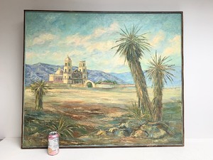 lot 41 image: Large Framed Signed Vintage Oil on Canvas Painting - San Xavier Mission Arizona