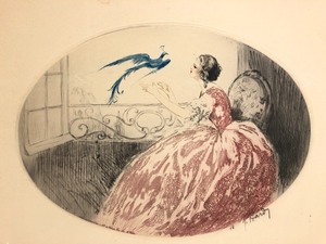 lot 16 image: Antique Art Nouveau Signed & Hand Colored Etching - Beautiful Woman wBird - Signed Hardy 