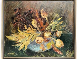 lot 17 image: Framed Signed Mid Century Oil on Canvas Floral Still Life Painting - Listed Polish Artist Hanna Wisniewska