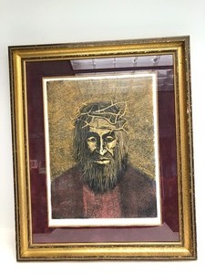 lot 26 image: Framed Vintage Signed CHARLES BECK Woodcut Print - Man of Sorrows