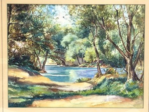 lot 21 image: Very Nice Old Vintage Framed Signed Original Watercolor Bridge Scene - Van Halter
