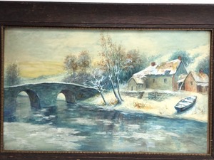 lot 22 image: Framed Antique Original Gouache on Paper Bridge Scene Painting