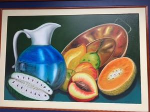 lot 76 image: Large Framed Signed Oil on Canvas Painting - Colorful Still Life wFruit & Pitcher