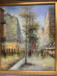 lot 79 image: Framed Signed Paris Street Scene Oil on Canvas Painting
