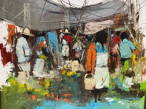 lot 86 image: Framed Signed Mid Century Market Scene Oil on Canvas Painting - Gomez