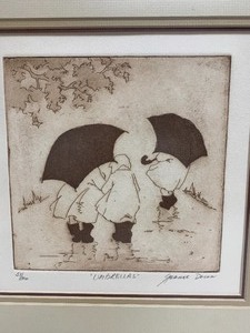 lot 94 image: Signed Numbered Etching - Umbrellas by Jeanne Down