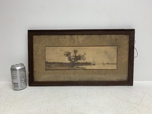 lot 108 image: Antique Framed Riverbank Scene Etching