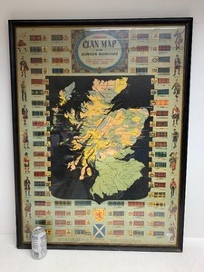 lot 118 image: LARGE Old Vintage Framed Clan Map of Scottish Highlands