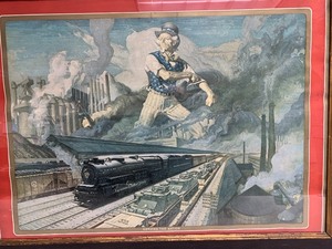lot 123 image: Very Cool Framed Vintage Pennsylvania Railroad Print - Serving The Nation by Dean Cornwell