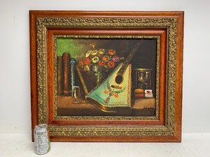 lot 127 image: Framed Signed Oil on Canvas Still Life Painting with MandolinGuitar