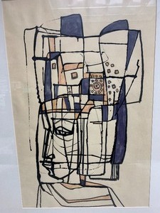 lot 129 image: Framed Signed Mid Century Orig Watercolor CubismAbstract Portrait Painting - Cyril Miles