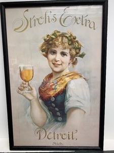 lot 133 image: Quality Vintage Framed STROHS Extra Beer Girl Advertising Poster