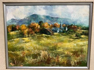 lot 168 image: Framed Signed Oil on Canvas Painting - Landscape wChurch - Signed Murdoch