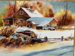 lot 165 image: Vintage Framed Signed Original Watercolor Cabin Painting by Rose Edin
