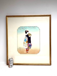 lot 148 image: Vintage Framed Signed Japanese Geisha Girl Original Painting on Silk 