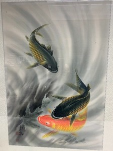 lot 144 image: Large Framed Signed Vintage Koi Fish Original Painting on Silk