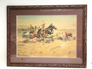 lot 27 image: Large Framed Vintage CM RUSSELL Western Print - Herd Quitters