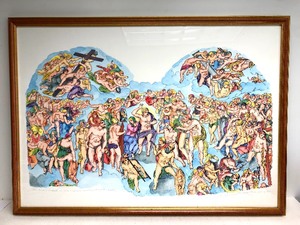 lot 33 image: Large Framed Signed Original Watercolor & Ink Painting - After Michelangelos Final Judgment