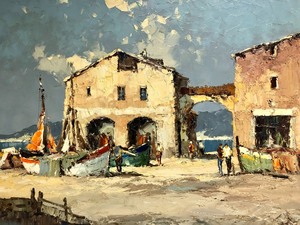 lot 39 image: Excellent Large Oil on Canvas Coastal Town Painting by Listed German Artist Erich Paulsen