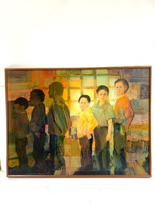 lot 186 image: Large Framed Sign Oil on Canvas Painting The Line - Bergerson