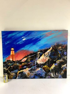 lot 185 image: Large Signed Spirit Rock Lighthouse Lake Superior Oil on Canvas Painting 