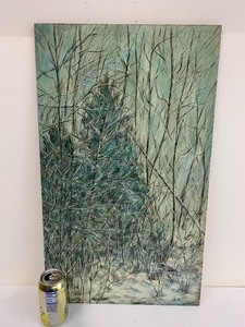 lot 175 image: Unframed Vintage Acrylic on Masonite Winter Scene Painting - Vi West - Pine River, MN Artist