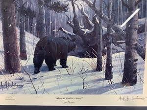 lot 204 image: Framed Signed Numbered Les Kouba Print wBlack Bear - Time To Call It a Year