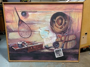 lot 207 image: LARGE Vintage Framed Signed LEE REYNOLDS Hunting Fishing Cabin Oil on Canvas Painting