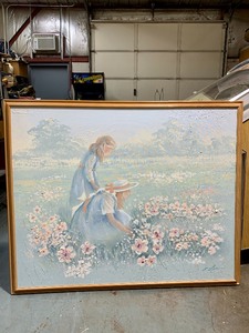 lot 208 image: LARGE Framed Signed Oil on Canvas Painting - Girls in Field - Signed E. Lee