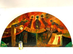 lot 220 image: Large 1950s Folk Art Signed Painting on Arched Wood - John Gilchrist - Masque of The Red Death