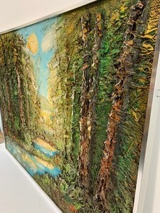 lot 216 image: Very Cool Large Framed Signed Mid Century Built-Up Paint ForestRiver Scene Painting