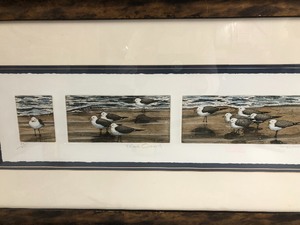 lot 243 image: Framed Signed Multi-Section Seagulls on Shoreline Engraving