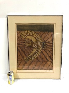 lot 242 image: Framed Signed Vintage Mid Century Owl Lithograph