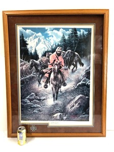 lot 239 image: Framed Signed Alfredo Rodriguez Western Mountain Man Fur Trade Print - Rushing To Trade 
